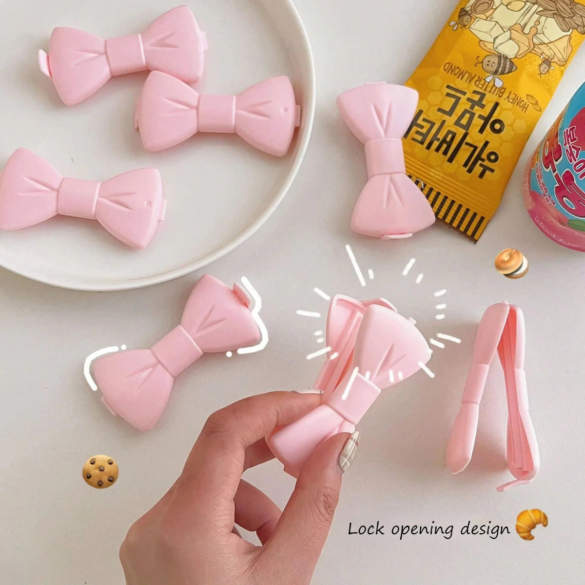5PCS Kawaii Food Sealing Clip - Pink Bow Moisture-Proof Bag Clips for Kitchen Storage, Reusable Plas