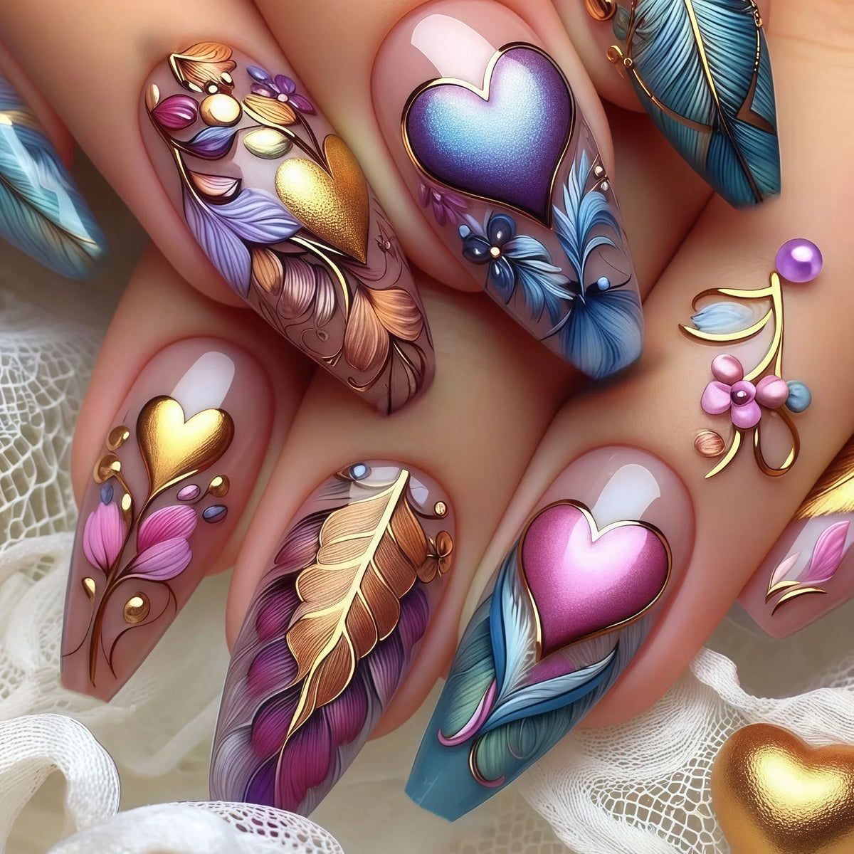 24pcs/set 3D fake nails for women girls flowers heart gradient green orange purple Pink french ballet tips press on false nails