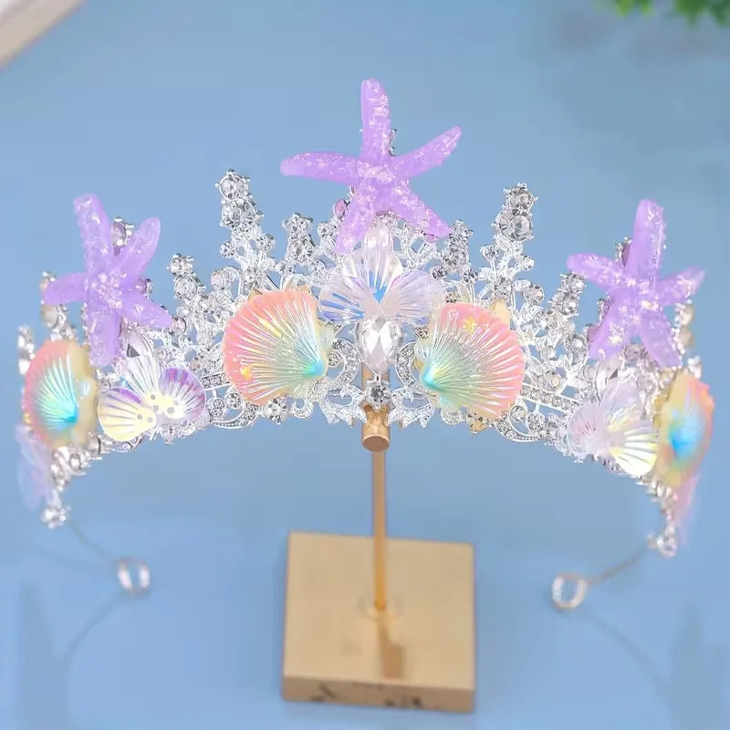 Baroque Mermaid Crown Headband with Starfish Shell Rhinestone Hair Accessory for Wedding Party Festival Costume