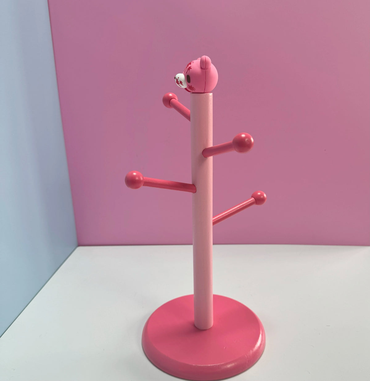 Cute Pink Bear Wooden Jewelry Stand for Desk & Vanity