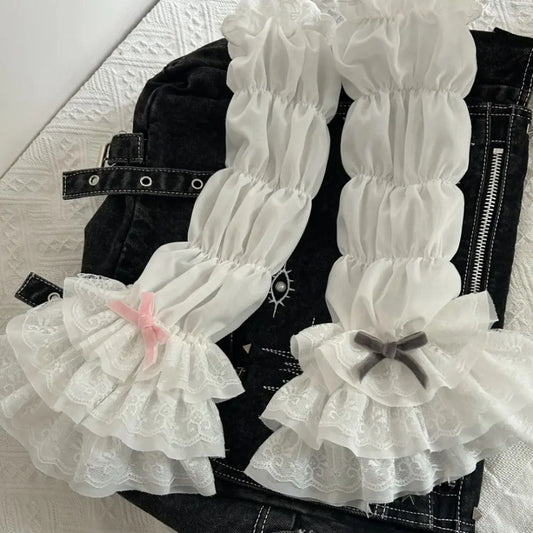 Y2K Lolita Jk Lace Fingerless Gloves Kawaii White Lace Women Sleeve Cover Ballet Strap Bow Cosplay JK Clothing Accessories