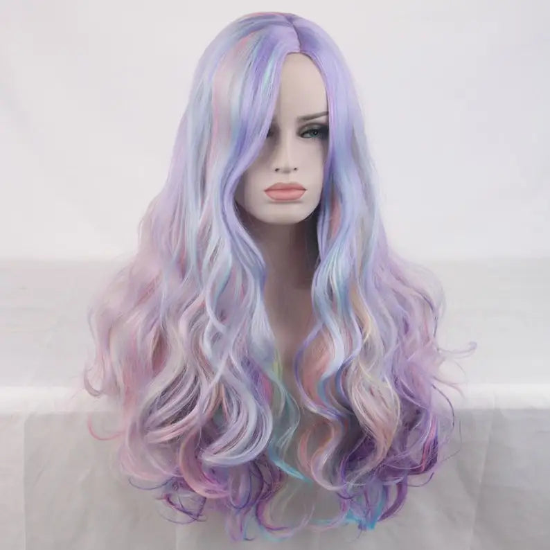 Vibrant Curly Wig with Long Hair in Pastel Rainbow Hues Synthetic Fiber High-Temperature Resistant Silk Center Parted Style