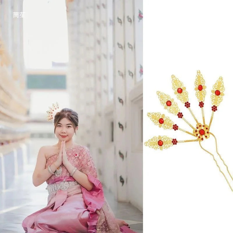 Palace style hair hairpin vintage Thai ethnic style hair hairclip leaf studded with crystal