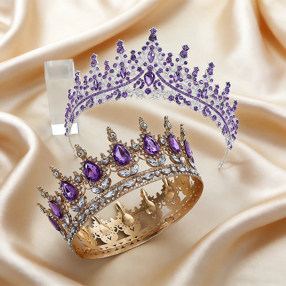 2Pcs Luxury Purple Amethyst Baroque Crown Set Tiara Gold Full Round Crown Clear Rhinestones Regal Bridal Headwear Weddings Proms