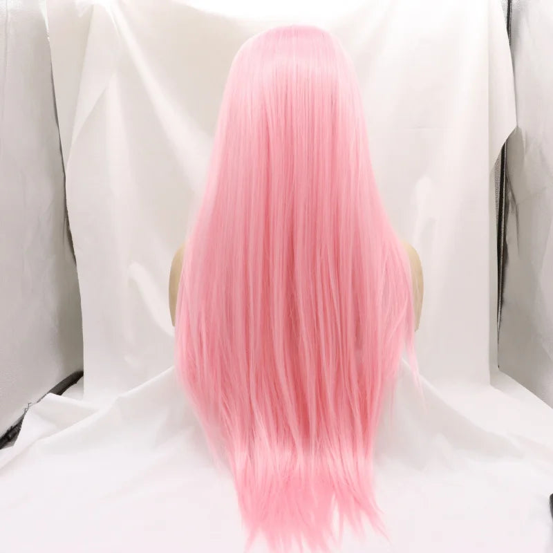 Pink synthetic fiber lace wig with middle parting and long straight hair