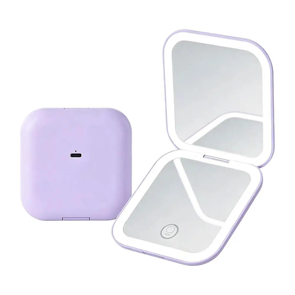 Portable Folding LED Makeup Mirror Rechargeable Handheld Mirror With 2X Magnification Pink Dual-Sided LED Lighted Makeup Mirror