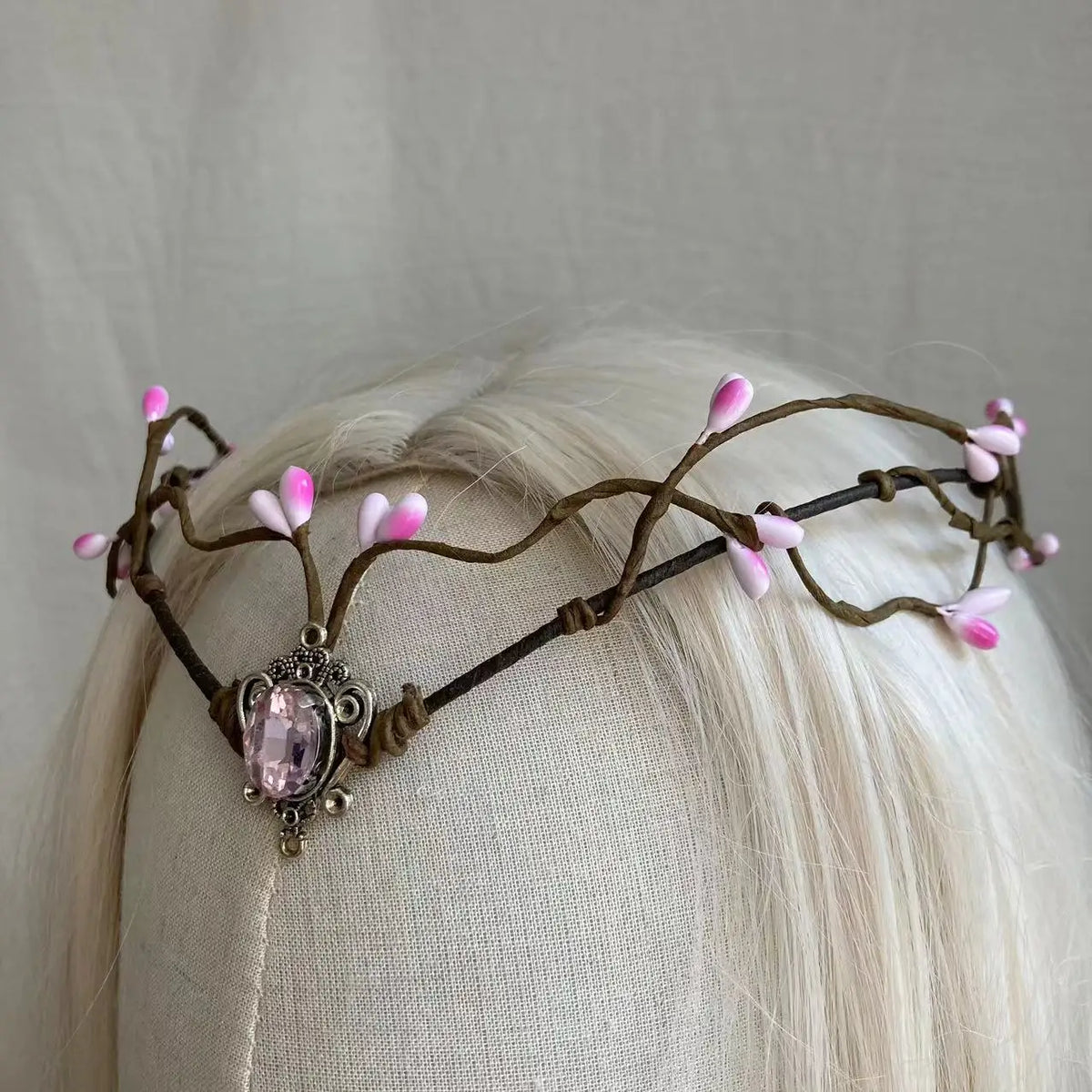Woodland elf Branches Tiara Elven Headpiece Fairy Crown Circlet Moonstone With Pink Gem For Fairy Costume Women Diadem