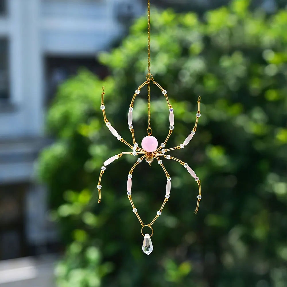 Crystal Pink Spider Suncatcher Pendant, Beaded Wire Spider Prism Light Catcher Hanging Decor for Window Wall Home Halloween
