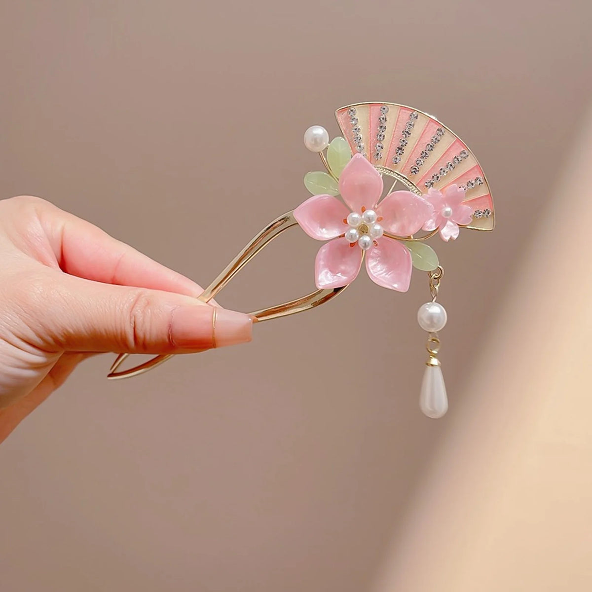 Elegant Pink Flower Hair Pin U Shaped Floral Hair Sticks Forks Pearls Chain Tassel Hairclips Woman Girls Step Shake Hair Jewelry