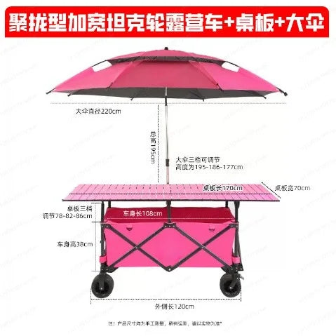 Large Foldable Stall Table Lift Trolley, Mobile Vendor Cart with Rainproof Sun Awning