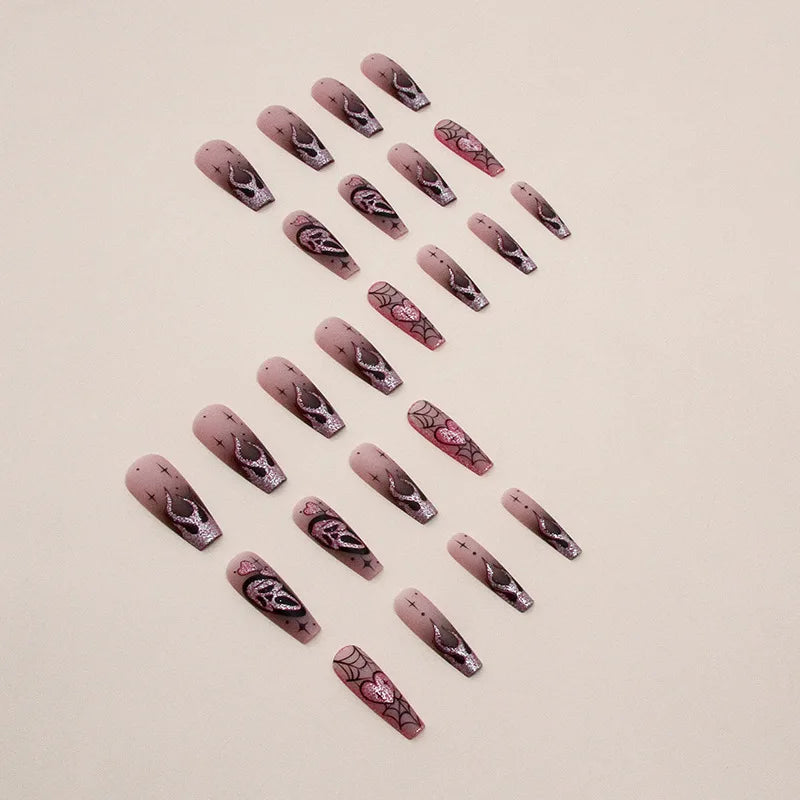 24pcs Glitter Pink Sequins Fake Nails 2026 Halloween Scary Skull Love Print False Nails Wearable European Ballet Press on Nails