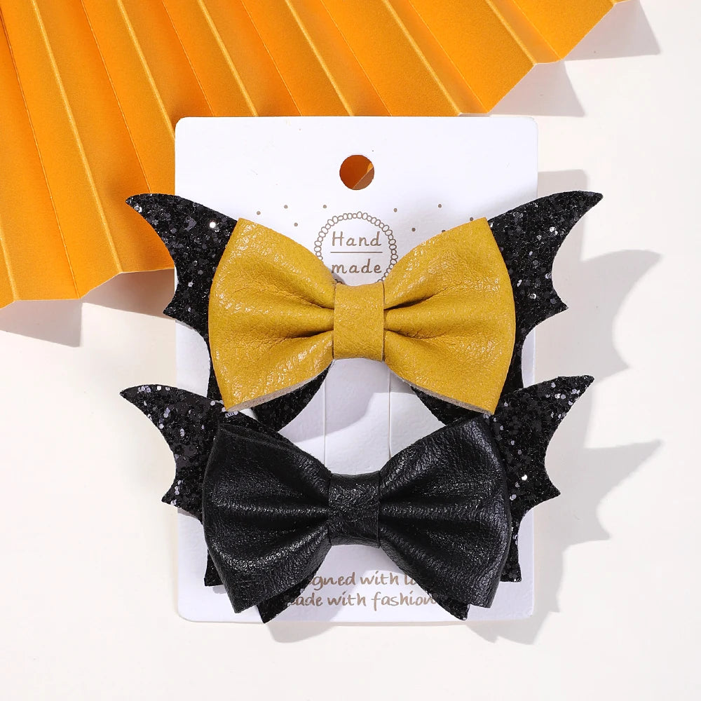 2pcs Halloween Bat Wing Bow Hair Clips for Girls Cosplay Party Theme Performance Headwear Bangs Clips