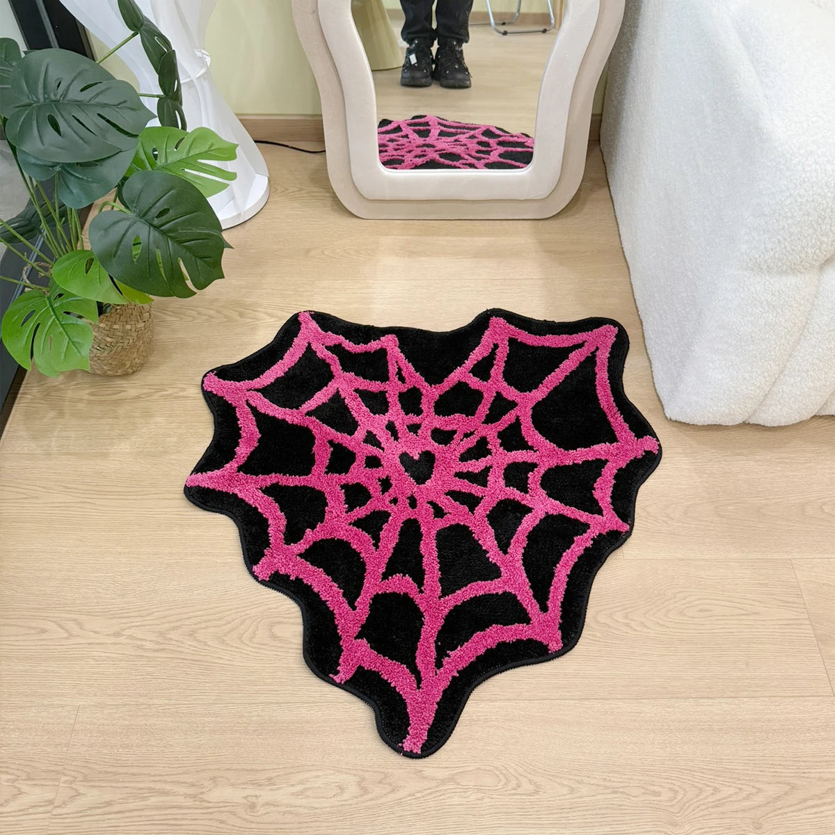Heart Shaped Spider Web Tufted Rug, Pink Web Pattern Black Background Flocking Floor Mat, Anti-Slip Irregular Carpet for Gothic
