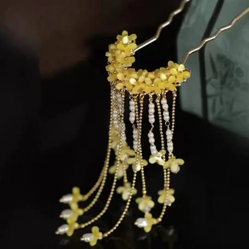 Ancient Style Osmanthus Hairpin with Tassels, Hanfu Hairpin, Ming-Style Accessories, Women's Hair Curtain, Step-Robe, Horse-Face Skirt Hair Ornament