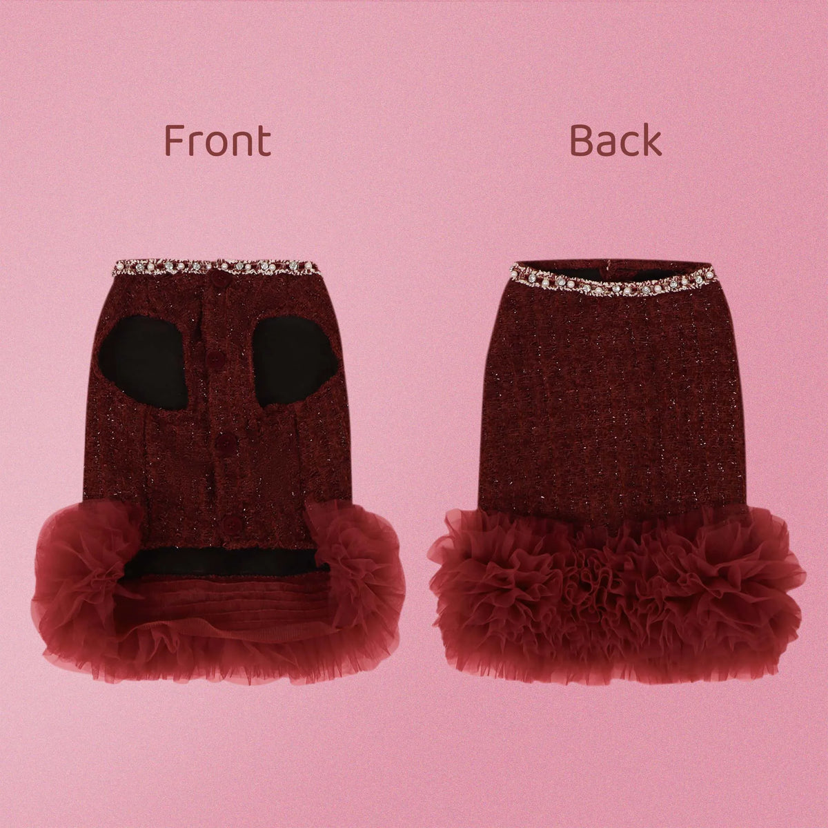 Burgundy Sequin Pet Skirt with Tulle Ruffle Hem, Rhinestone Trim Dog/Cat Party Skirt, Tulle Ruffle Pet Apparel