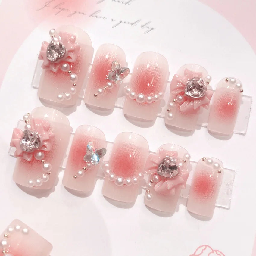 24pcs Kawaii Cartoon Rabbit Press On Nails Bowknots Diamond Decor Mid-length Coffin False Nail White French Blush Pink Fake Nail