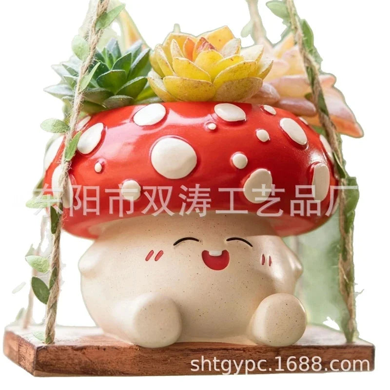 Mushroom Hanging Planter Cute Cartoon Smiling Doll Swing Pot For Outdoor Balcony For Kids Women Gift For Halloween Christmas