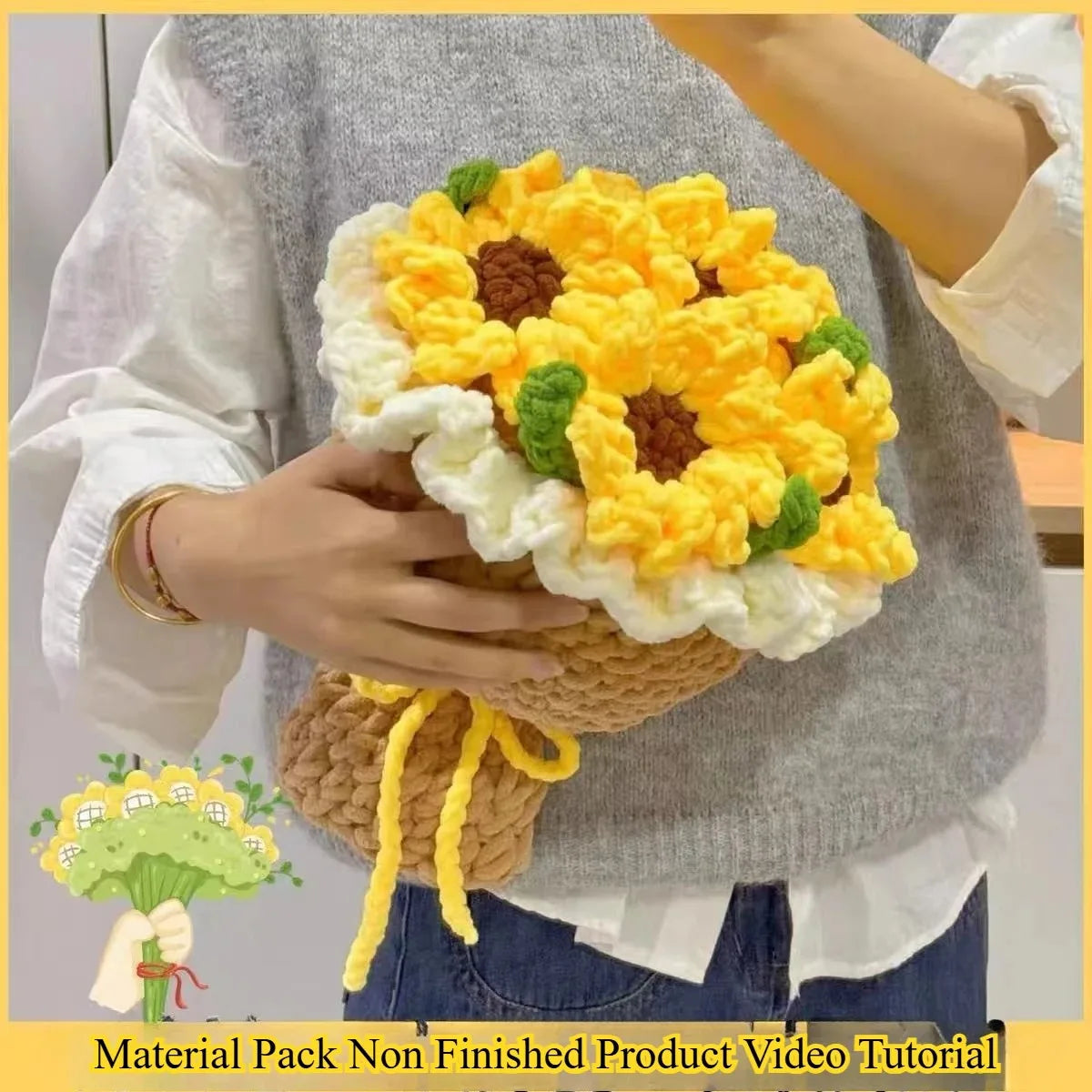 {Material Pack} Ice Thread Sunflower Yarn Bouquet Handmade DIY Hand Held Flower Weaving Homemade Crochet Hook Gift Girlfriend