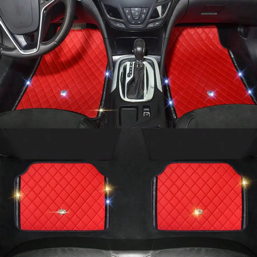 Bling Car Floor Mats, PVC Leather Anti-Slip Automative Floor Mats With Shining Diamond Rhinestone Crown, Sparkly Glitter Crystal Carpet, Universal Fit Automotive SUV, Sedan, Van, 4pcs For Woman, Car Stuff For Woman, Pink Car Stuff