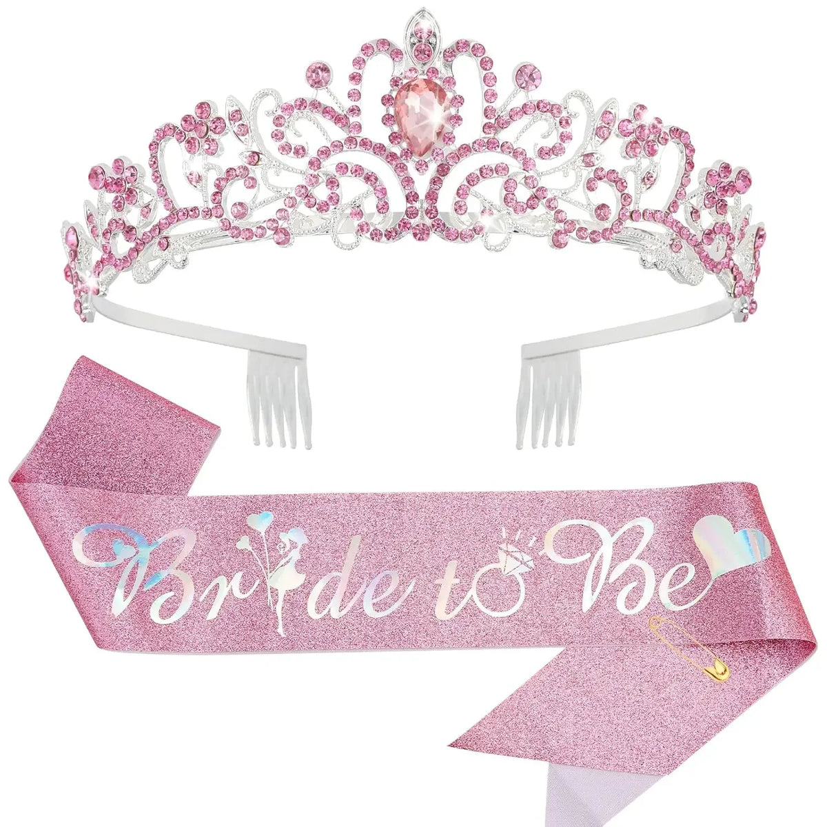 2Pcs Set Bridal Shower Decorations Kit, Includes Bride To Be Sash & Crystal Crown - For Bachelorette Party, Wedding, Birthday