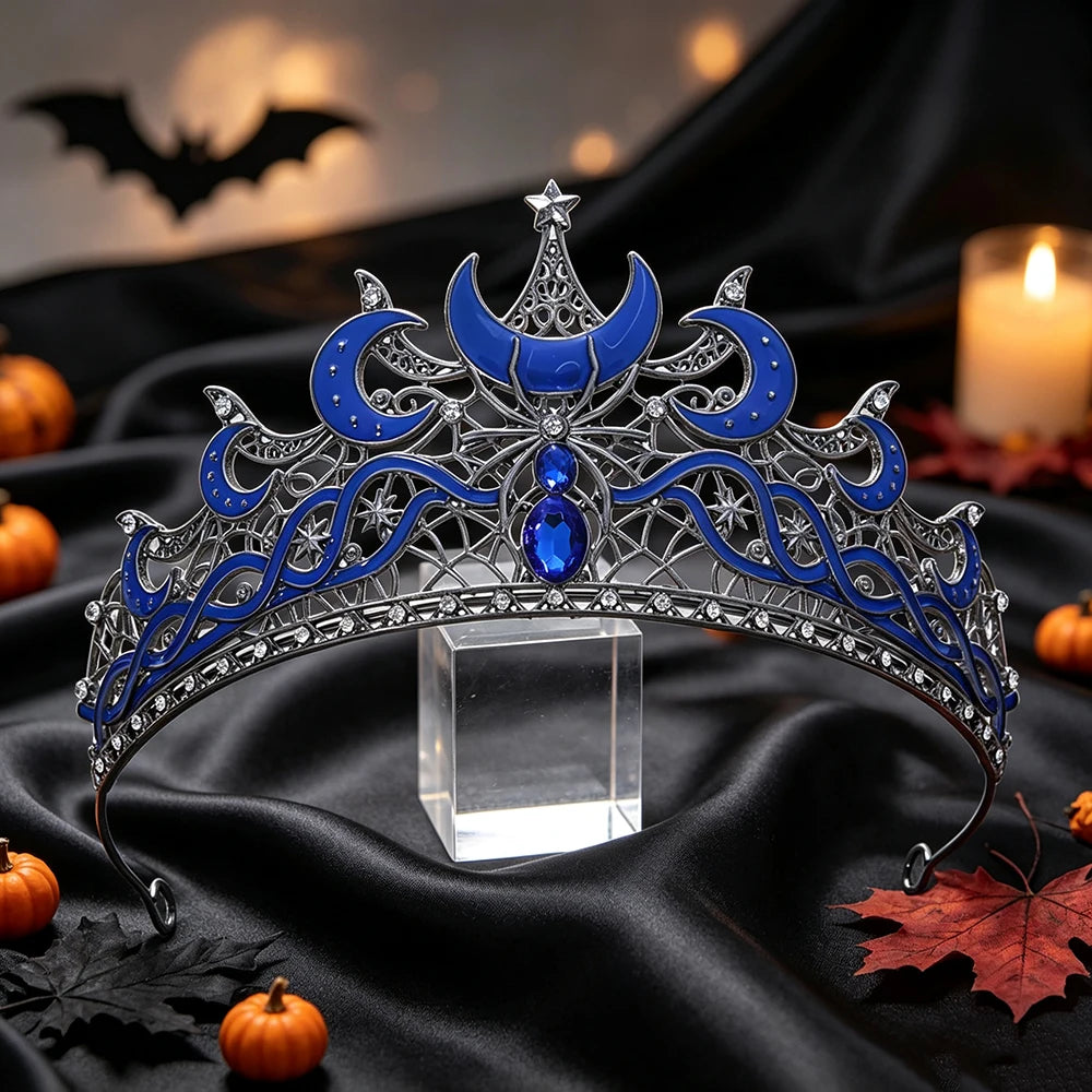 1pc Halloween Moon Star Spider Tiara Crown Gothic Black Metal Headpiece Witch Cosplay Party Costume Headband Hair Accessories