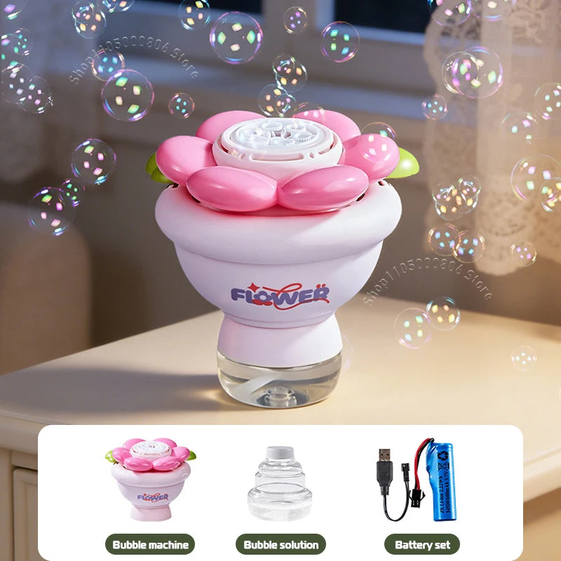 Mini Flower Bouquet Bubble Machine Automatic High Output Bubble Blower with Lights Cute Handheld Toy For Kids Wedding Party