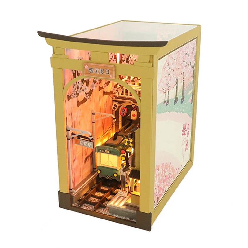 DIY Book Nook Shelf Insert Kits Miniature Dollhouse with Furniture Room Box Cherry Blossoms Bookends Japanese Store Toys Gifts