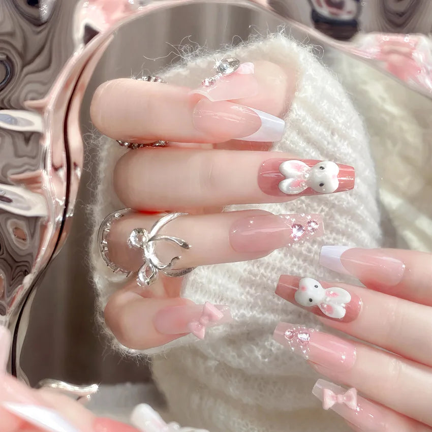 24pcs Kawaii Cartoon Rabbit Press On Nails Bowknots Diamond Decor Mid-length Coffin False Nail White French Blush Pink Fake Nail