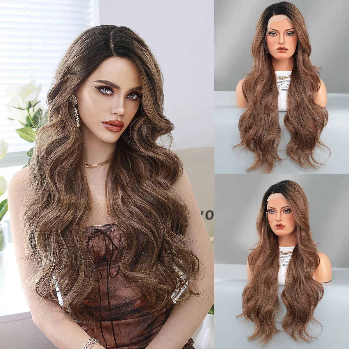 Blue Purple Ombre Wig Body Wavy, Side Part ,with Bangs High Density,Transparent Synthetic Lace Front