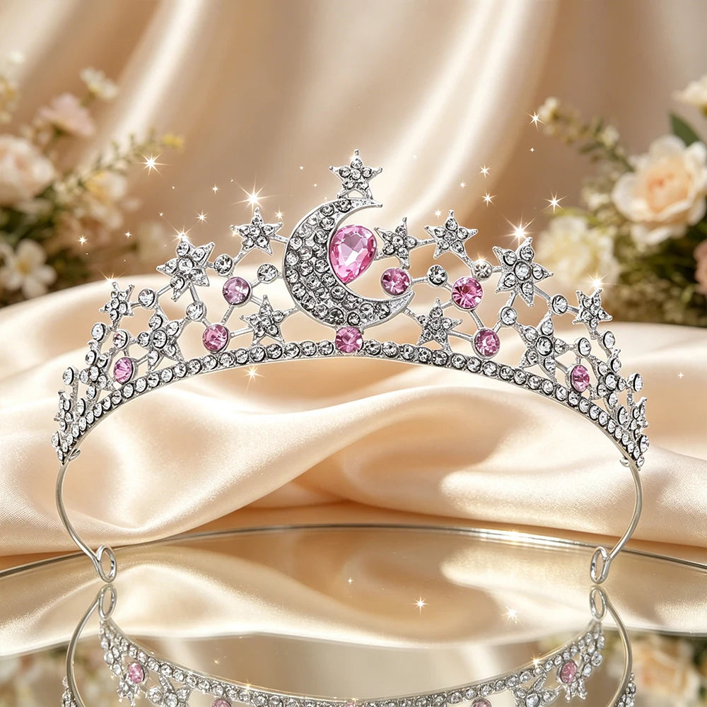 Moon Star Bridal Tiara Sparkling Rhinestone Celestial Queen Crown Dreamy Headpiece Wedding Pageant Fairy Themed Party Occasions