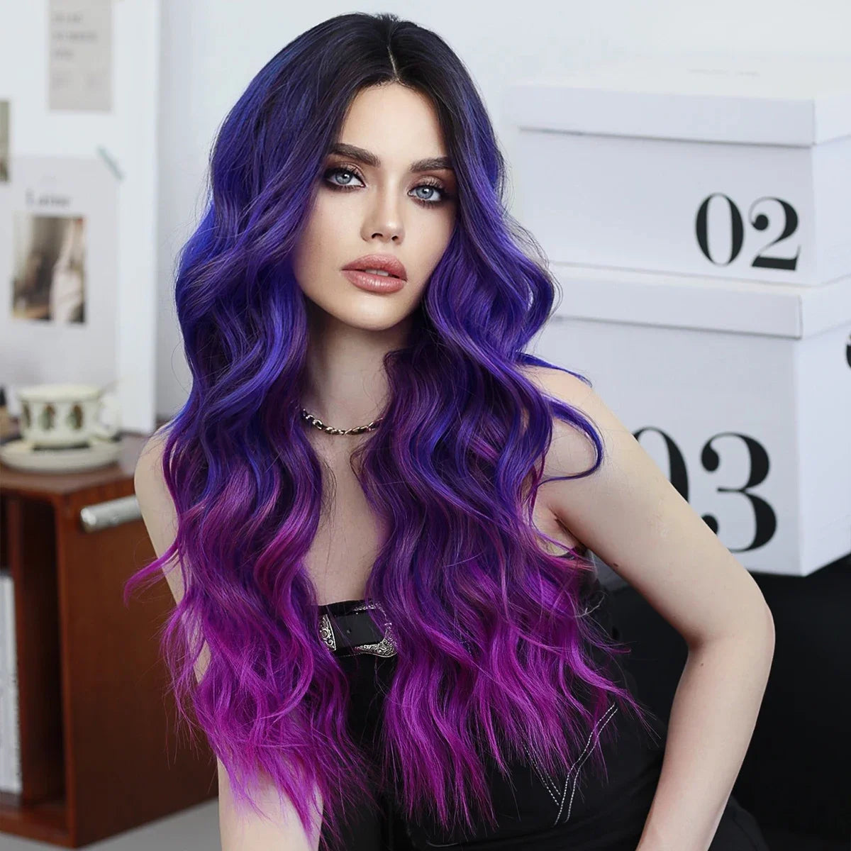 Blue Purple Ombre Wig Body Wavy, Side Part ,with Bangs High Density,Transparent Synthetic Lace Front