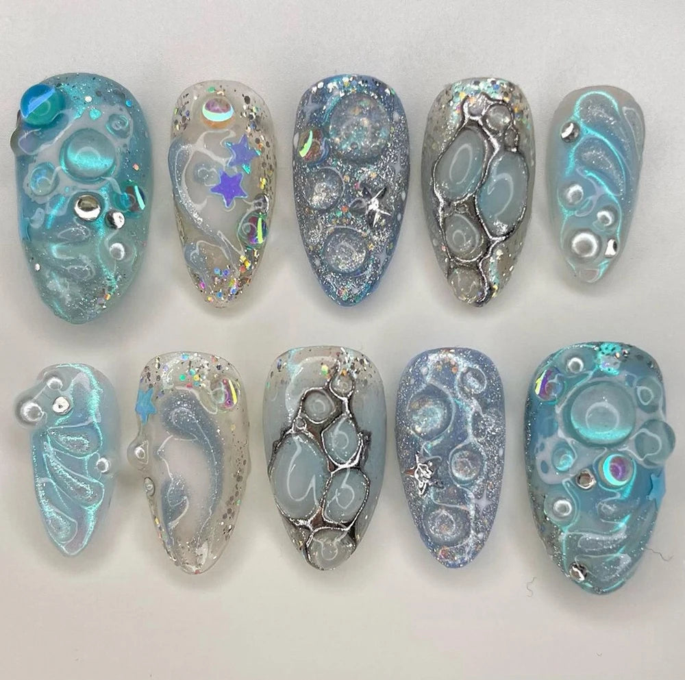 10Pcs 3D Flower Bow Gel Acrylic Nails Almond