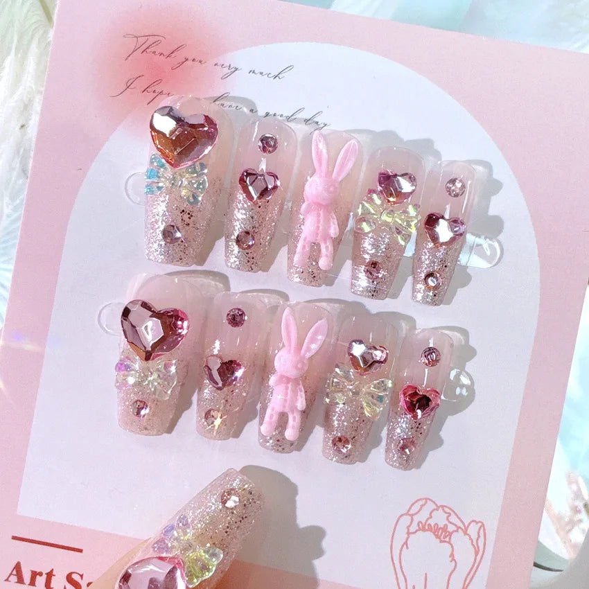 24pcs Kawaii Cartoon Rabbit Press On Nails Bowknots Diamond Decor Mid-length Coffin False Nail White French Blush Pink Fake Nail