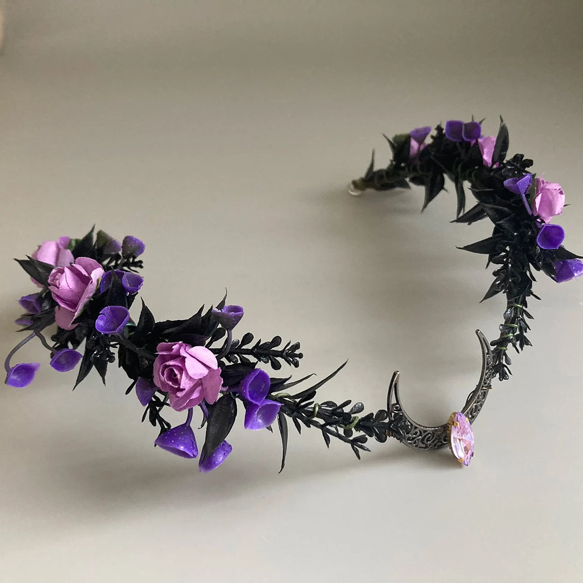 Black Elven Crown Purple Floral Woodland Crescent Tiara Headband Fairy Circlet Witch Headpiece Elvish Tiara Elven Diadem Renaiss
