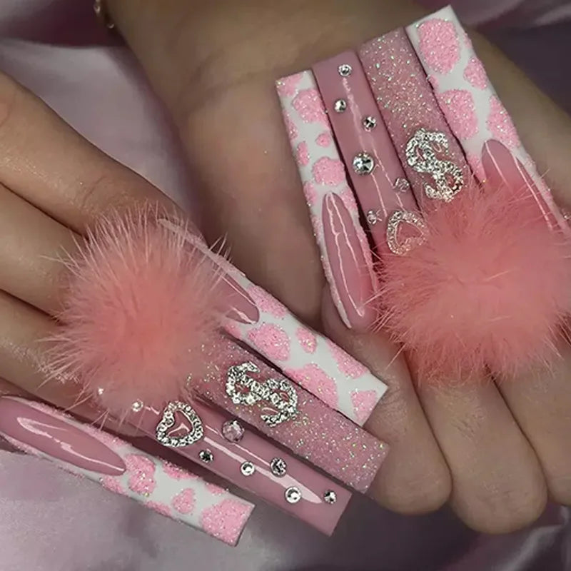 24pcs Long Ballet False Nails Pink Purple Flower Rhinestone Full Cover Nail Tips Wearable French Square Press on Fake Nails Sets