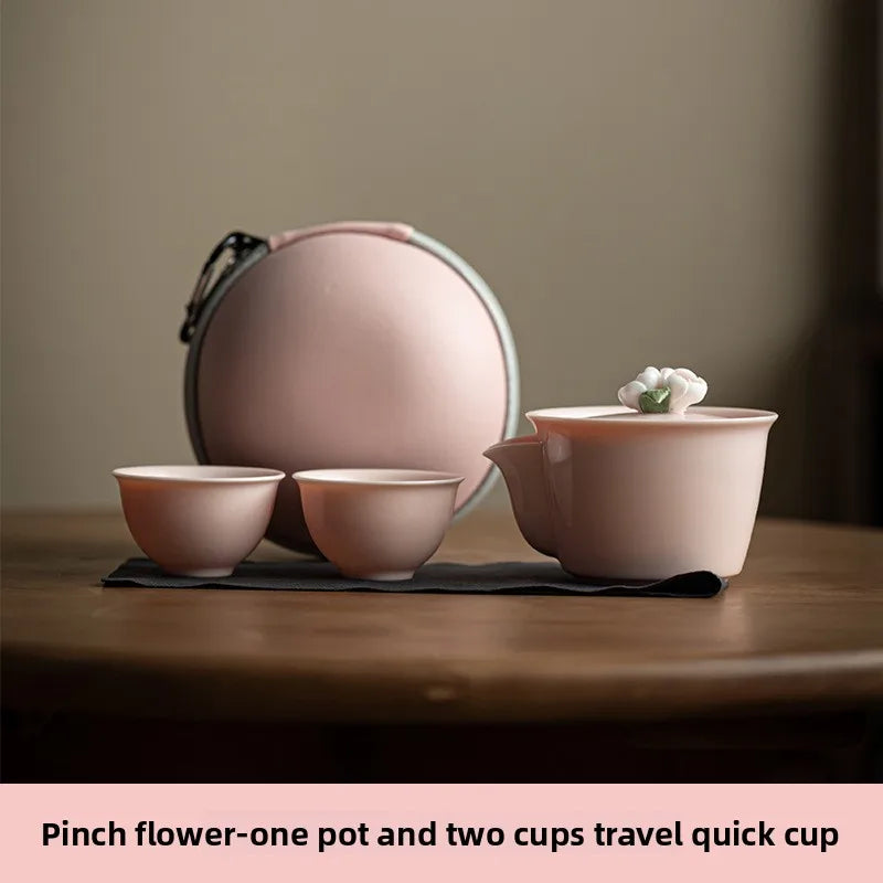 Handmade Pink Flower Carving, Travel Camping, Fast Guest Cup, Kung Fu Tea Set, Ceramic Teapot, Gaiwan Tea Ceremony, Ladies' Gift