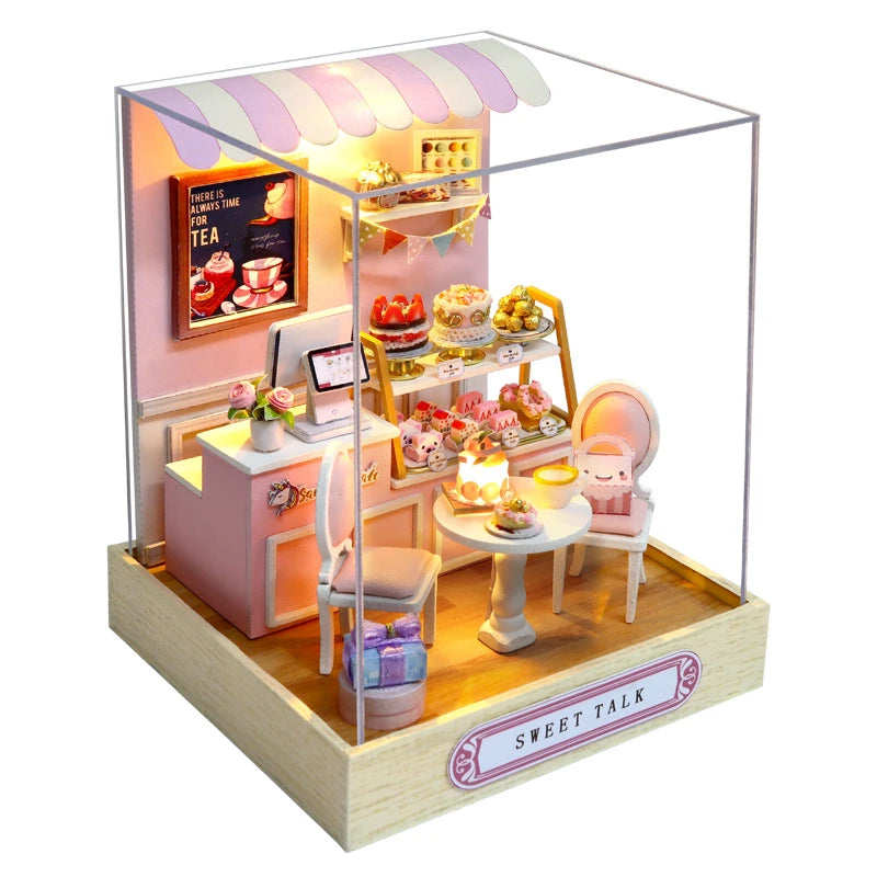 DIY Wooden Miniature Model Kit Japanese Cherry Blossoms Noodles Shop Casa 3D Puzzle Villa Dollhouse With Furniture Friends Gifts