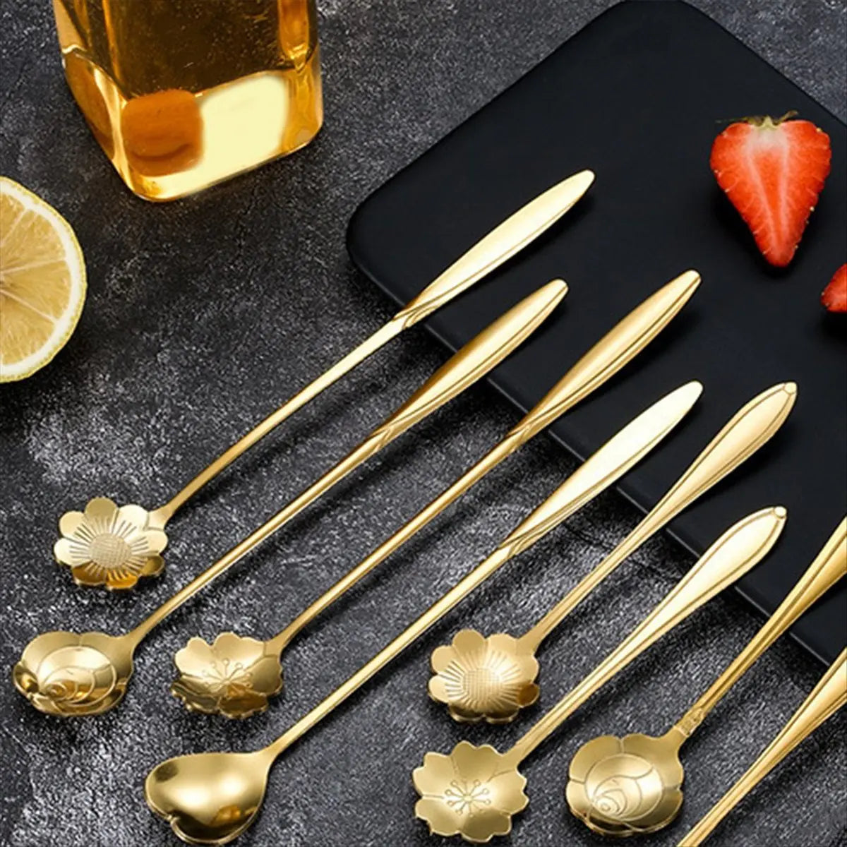Stainless Steel Cherry Flower Gold Scoop Coffee Spoon Gift Kitchen Dessert Tea Accessories Tableware Decoration Set 13Cm &LICG
