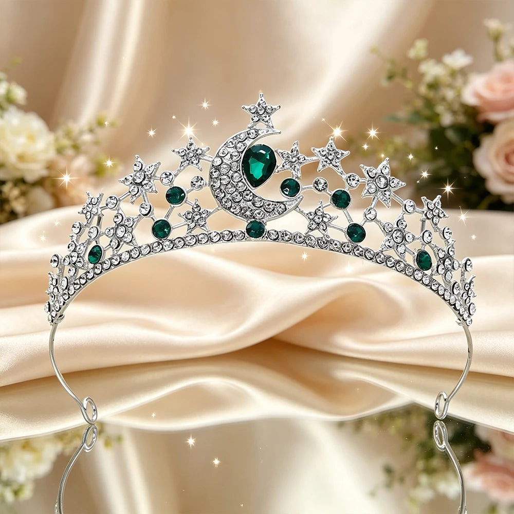 Moon Star Bridal Tiara Sparkling Rhinestone Celestial Queen Crown Dreamy Headpiece Wedding Pageant Fairy Themed Party Occasions