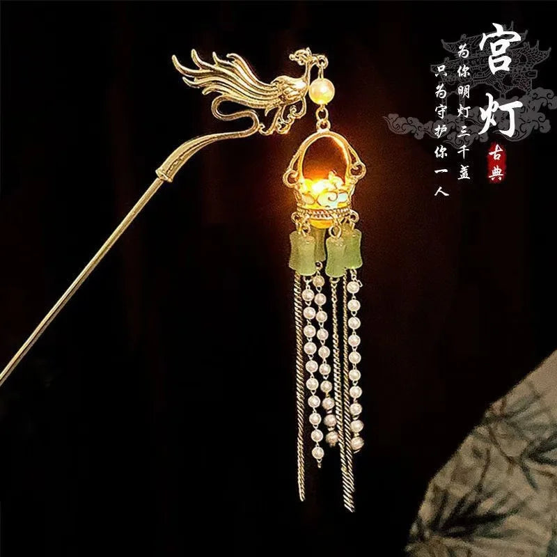 Luminous Flower Hairpin Lotus Light Lantern Tassel Hair Stick