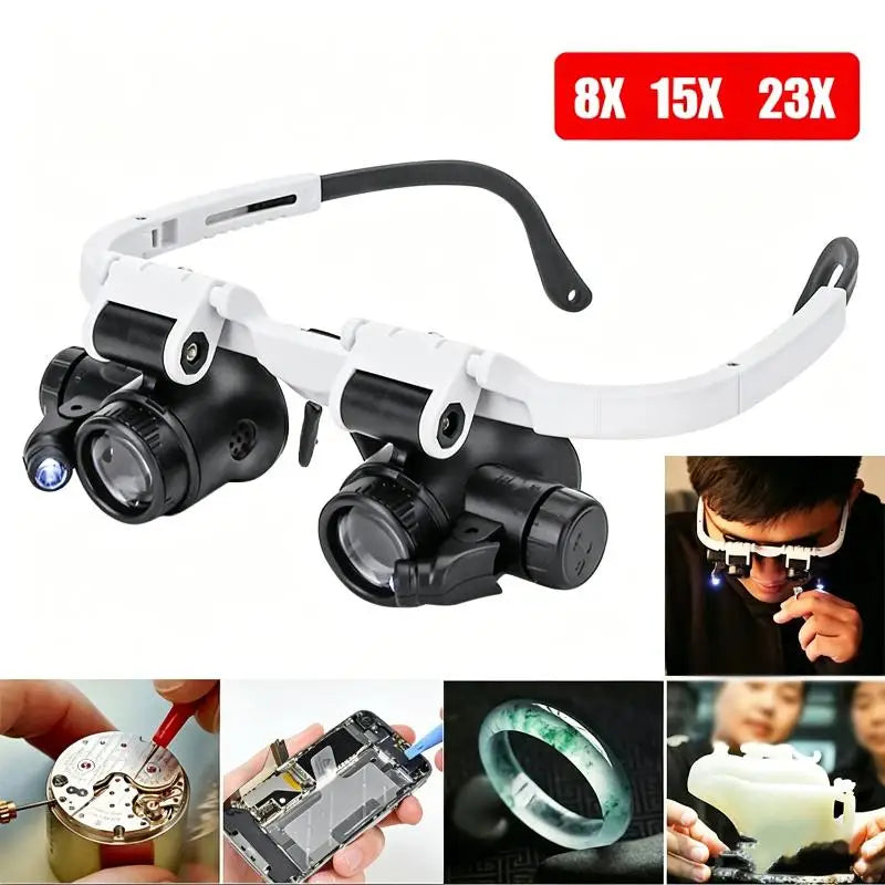 Magnifying Glass With LED Light Head-wearing Glasses Jewelry Loupe Welding Soldering Tools 8X 15X 23X
