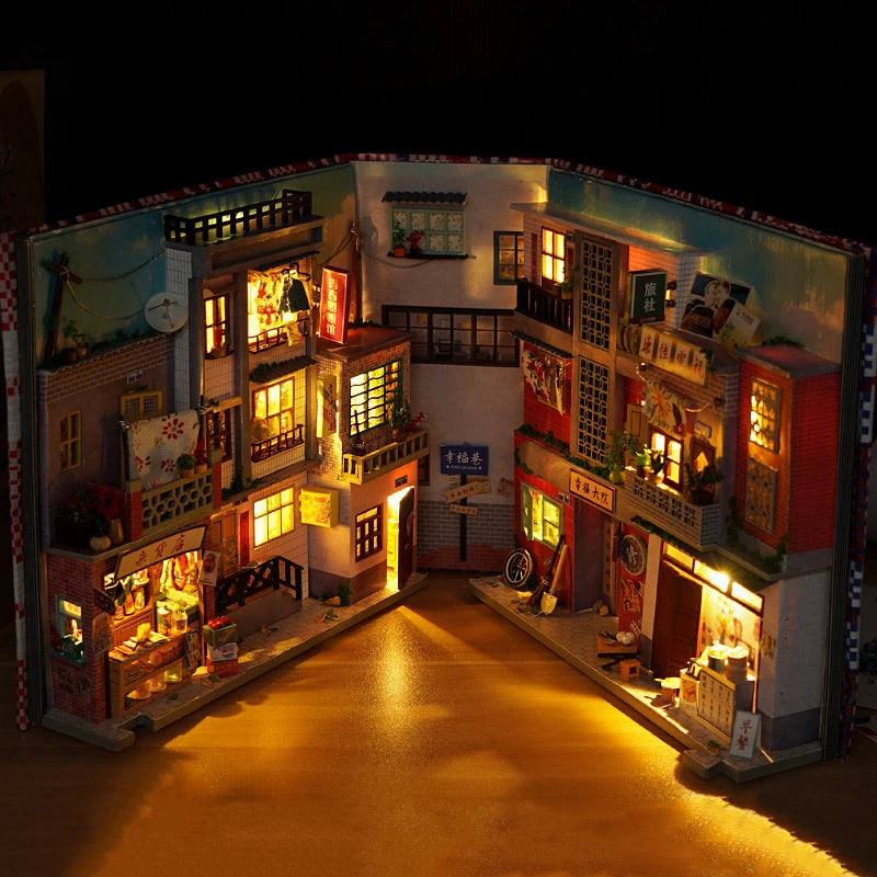 DIY Book Nook Shelf Insert Kits Miniature Dollhouse with Furniture Room Box Cherry Blossoms Bookends Japanese Store Toys Gifts