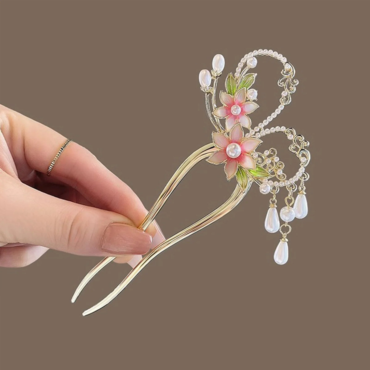 Elegant Pink Flower Hair Pin U Shaped Floral Hair Sticks Forks Pearls Chain Tassel Hairclips Woman Girls Step Shake Hair Jewelry