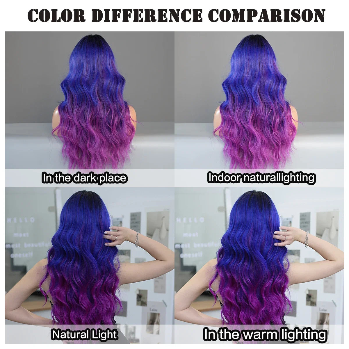 Blue Purple Ombre Wig Body Wavy, Side Part ,with Bangs High Density,Transparent Synthetic Lace Front