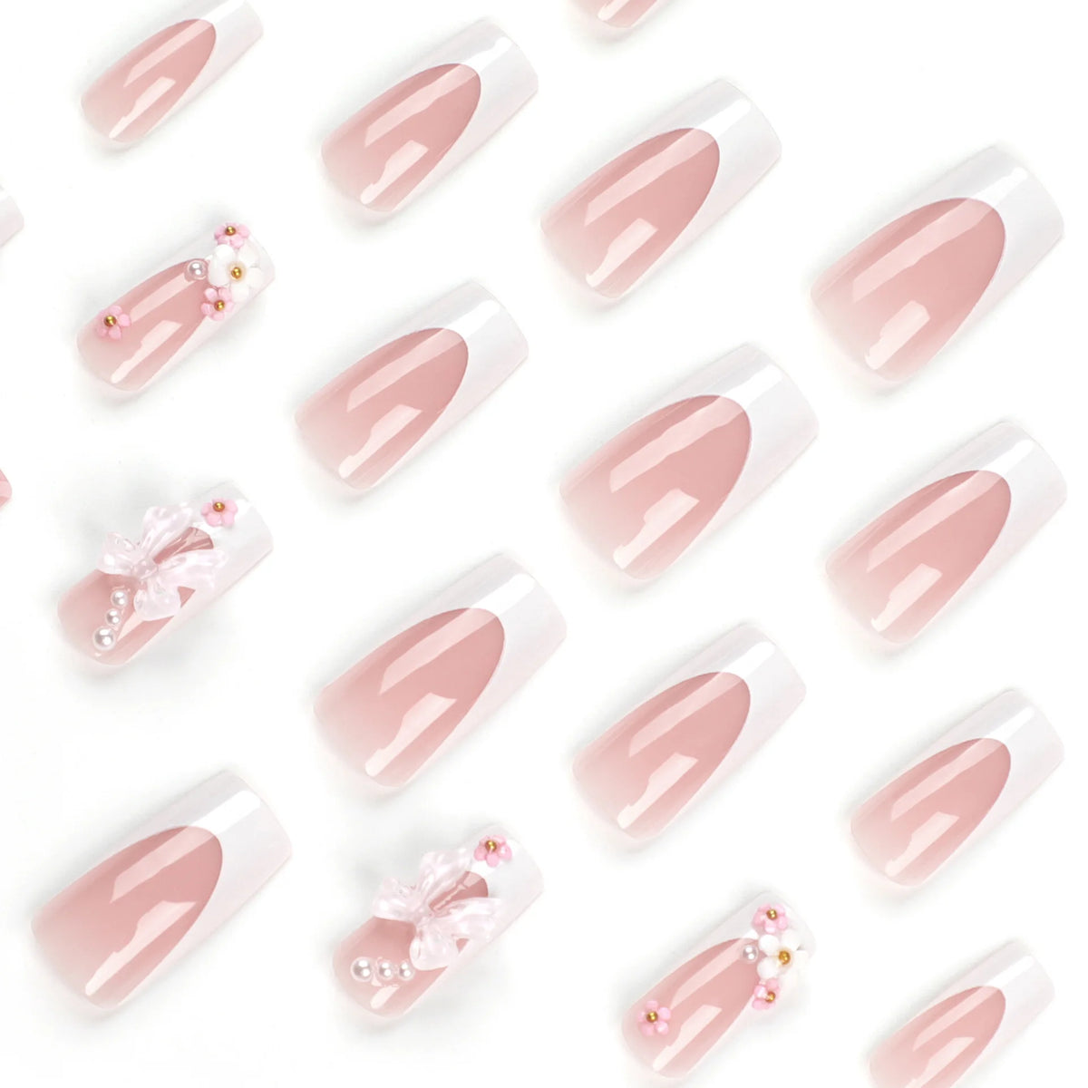 24Pcs 3D Bow Design Pink Long Square with Flower Rhinestone Acrylic Nails