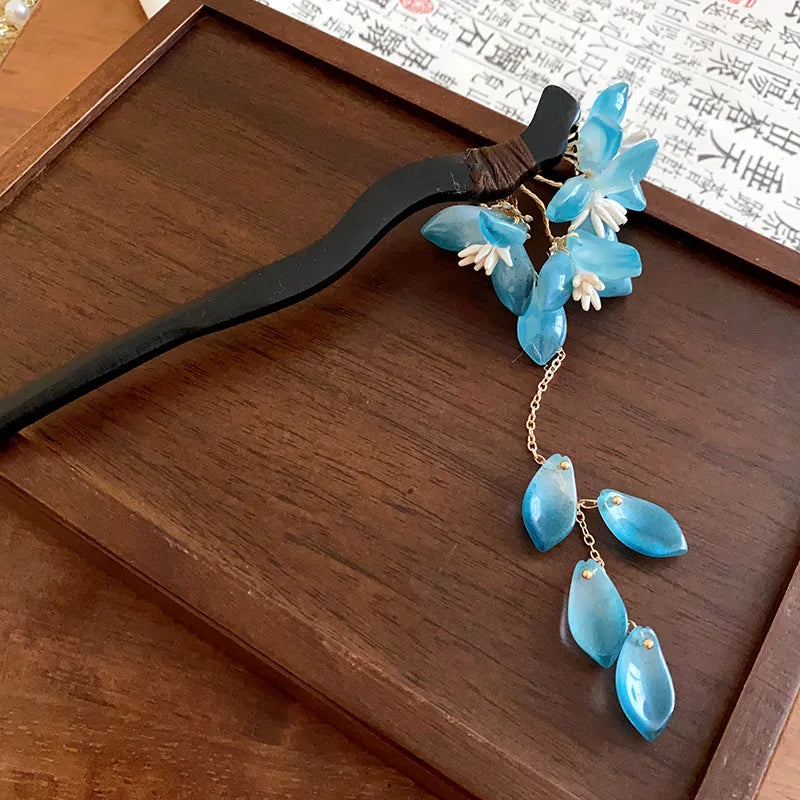 Chinese Style Blue Glaze Flower Hair Sticks
