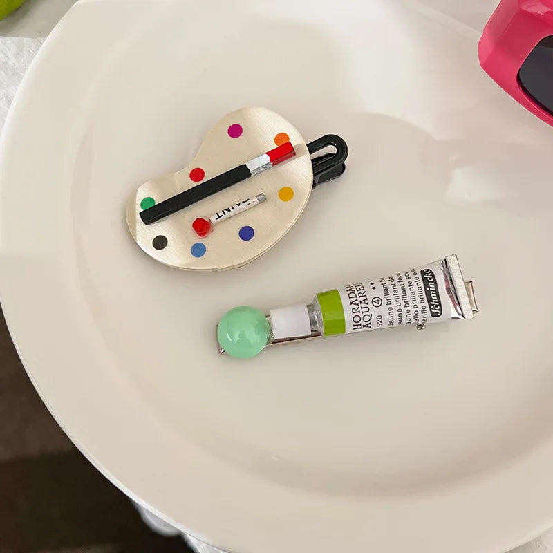 2pcs Art Watercolor Pigment Palette Hairpin Cute Kawaii Funny Women Girls Duckbill Clip Korean Fashion Bangs Side Styling Clip