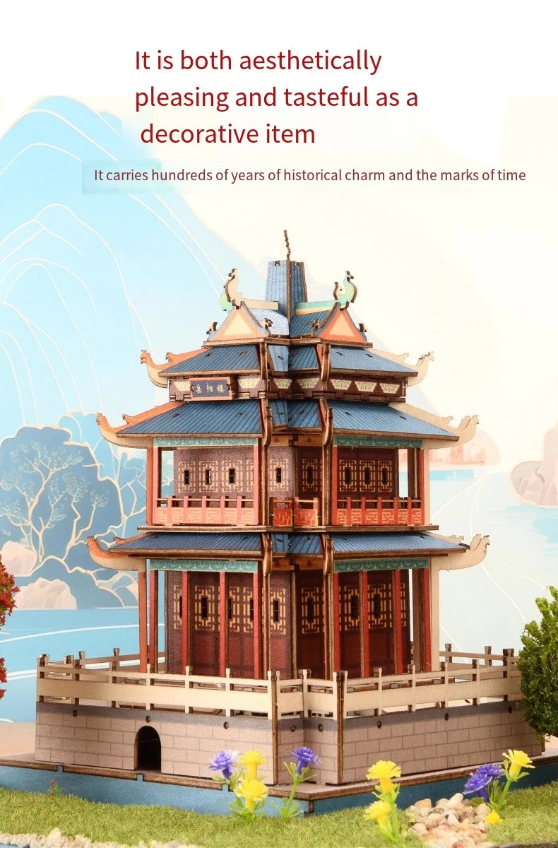 3D Wooden Chinese Yueyang Pavilion Model Kit Tang to Modern Dynasty Style DIY Architectural Display for Miniature Diorama Craft