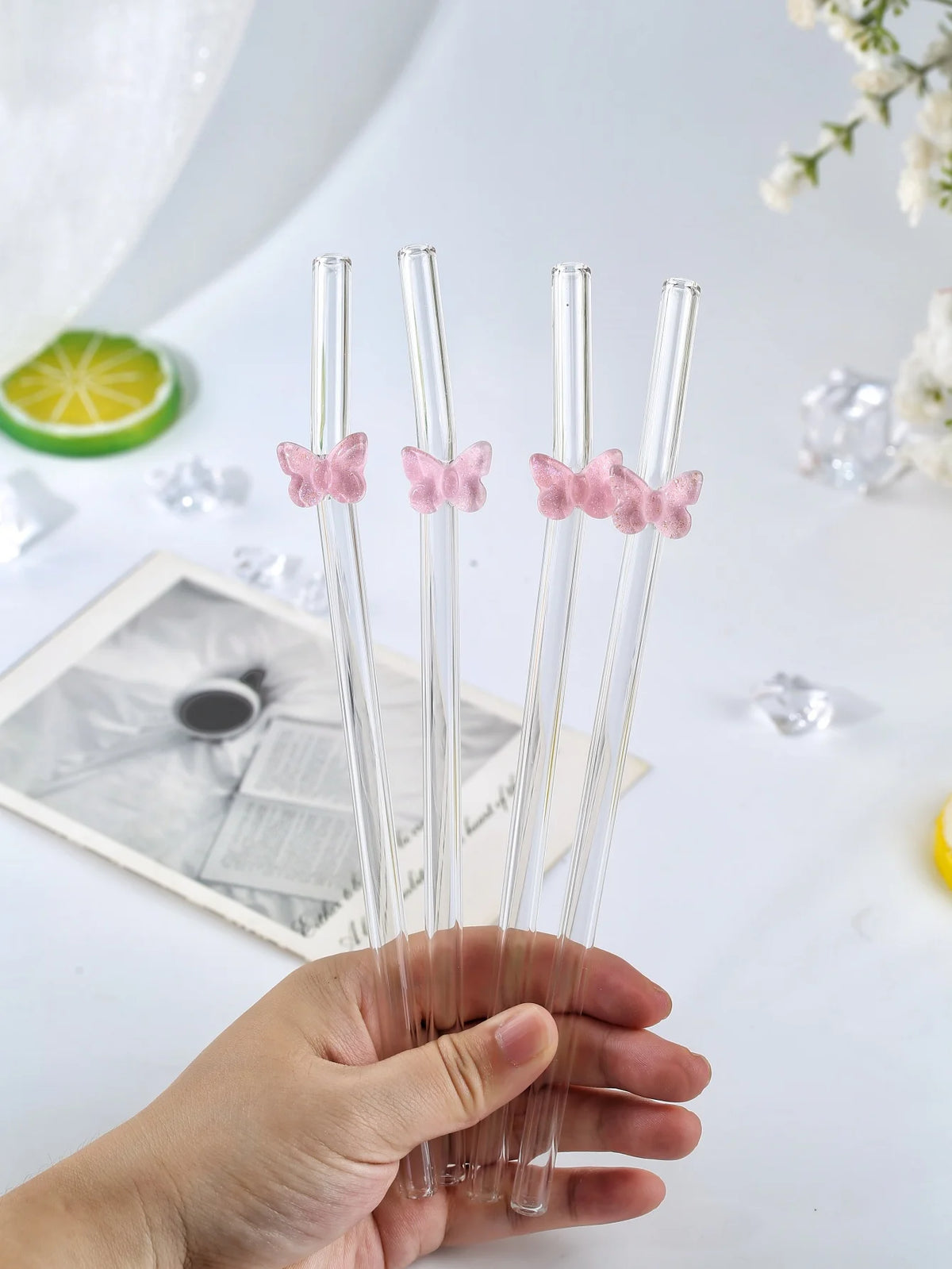 5/10PCS Pink Butterfly Curved Straw, Wedding Table Accent, Romantic & Holiday Presents,Valentine, wedding , Halloween, Christmas