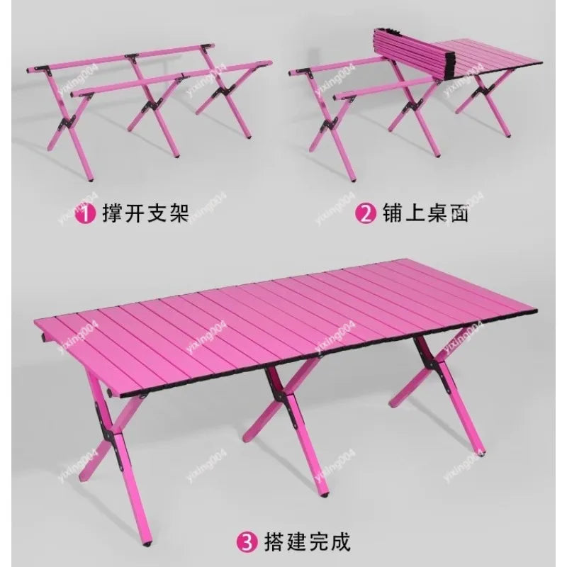 Pink Folding Camping Table Chair Set Portable Egg‑Roll Table Picnic Chair Kit for Outdoor Activity